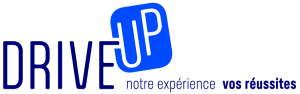 Logo DriveUp bleu, &quot;notre expérience, vos réussites&quot;.