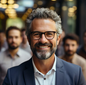 Homme souriant en costume professionnel.